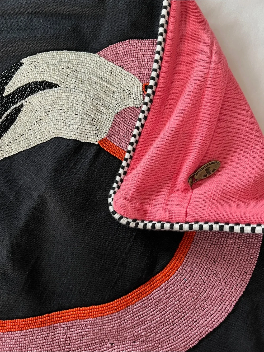 Mackenzie Childs flamingo beaded pink pillow sham bird coral cotton reversible